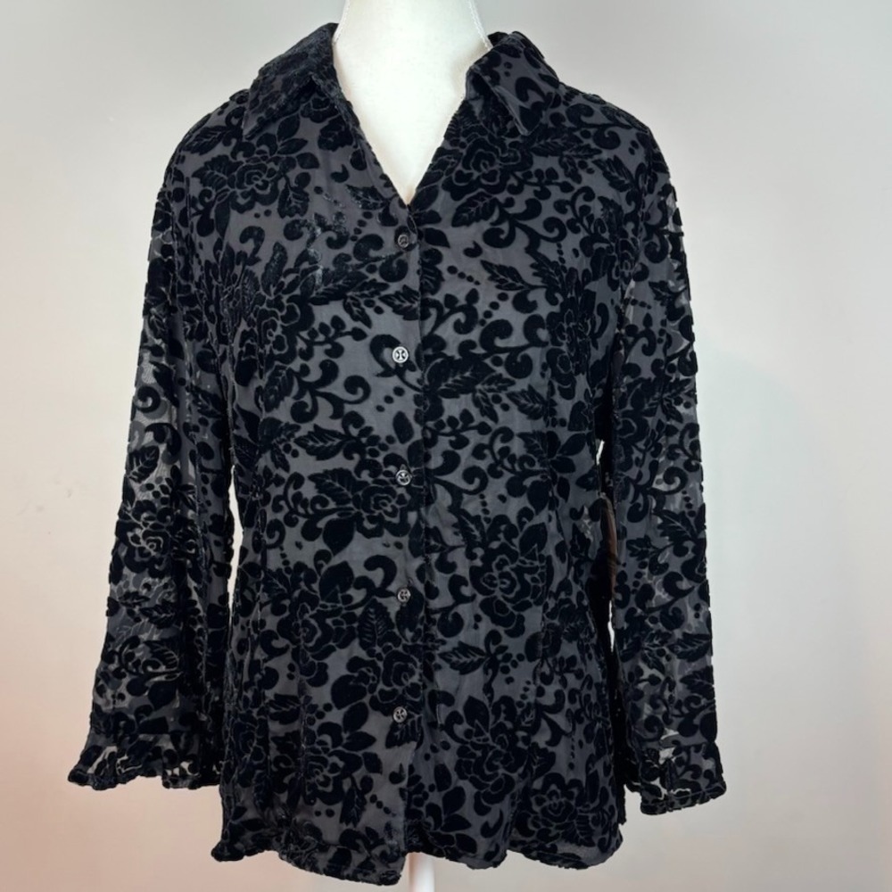 NEW Burnout Velvet Floral Sheer Flare Sleeve Whimsigoth 90's Blouse Womens 14